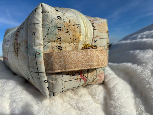 XL Quilted Boxy Zipper Pouch / Makeup Cosmetic Pouch / Travel Pouch / Toiletries Pouch / Pouch with Handle / Craft Supplies Pouch / Project Pouch / World Map Theme Pouch