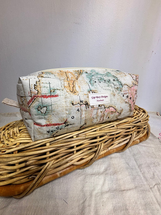 XL Quilted Boxy Zipper Pouch / Makeup Cosmetic Pouch / Travel Pouch / Toiletries Pouch / Pouch with Handle / Craft Supplies Pouch / Project Pouch / World Map Theme Pouch
