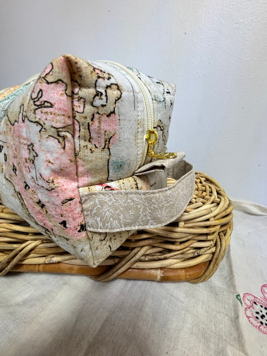 XL Quilted Boxy Zipper Pouch / Makeup Cosmetic Pouch / Travel Pouch / Toiletries Pouch / Pouch with Handle / Craft Supplies Pouch / Project Pouch / World Map Theme Pouch