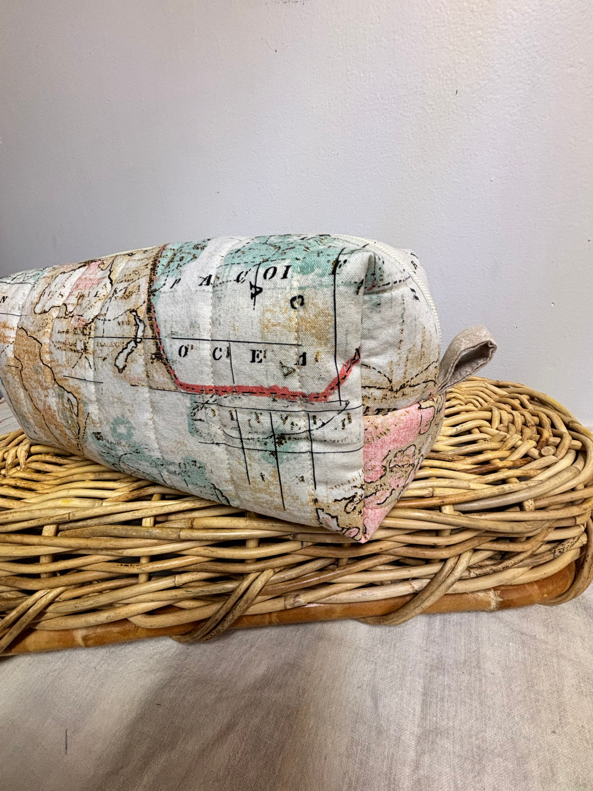 XL Quilted Boxy Zipper Pouch / Makeup Cosmetic Pouch / Travel Pouch / Toiletries Pouch / Pouch with Handle / Craft Supplies Pouch / Project Pouch / World Map Theme Pouch