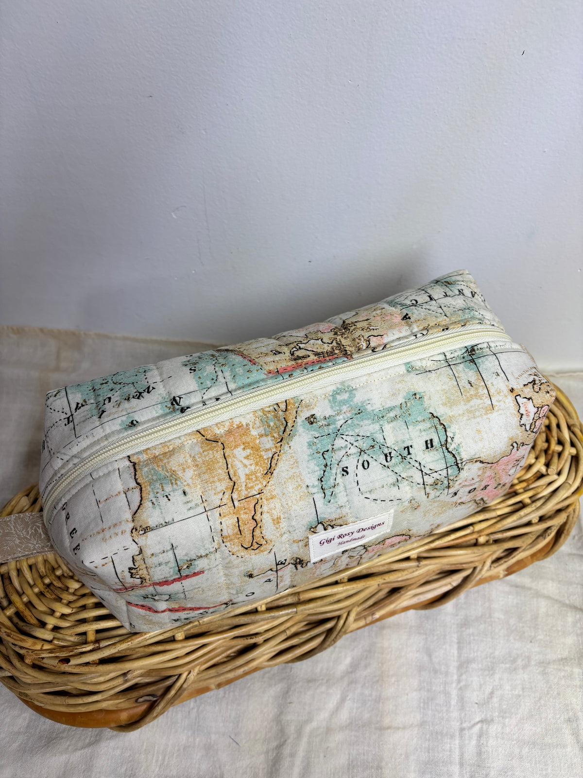 XL Quilted Boxy Zipper Pouch / Makeup Cosmetic Pouch / Travel Pouch / Toiletries Pouch / Pouch with Handle / Craft Supplies Pouch / Project Pouch / World Map Theme Pouch