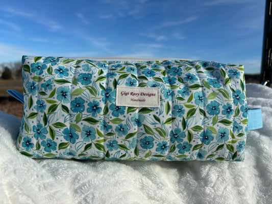 XL Quilted Boxy Zipper Pouch / Floral Pouch / Makeup Cosmetic Pouch / Travel Pouch / Toiletries Pouch / Pouch with Handle / Craft Supplies Pouch / Project Pouch
