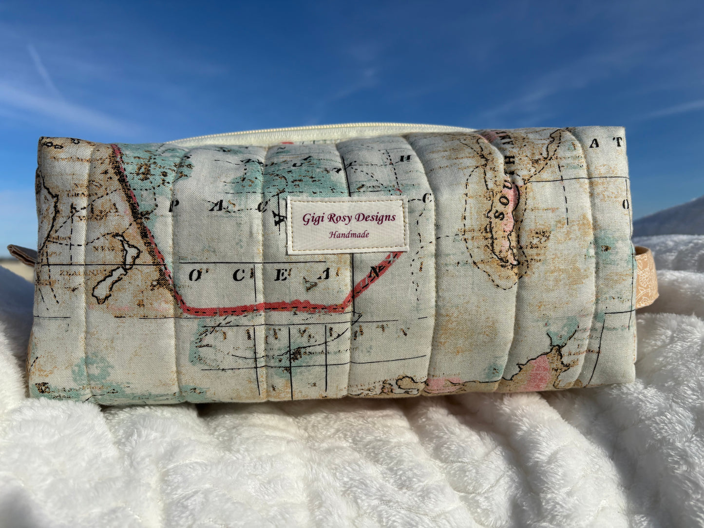 XL Quilted Boxy Zipper Pouch / Makeup Cosmetic Pouch / Travel Pouch / Toiletries Pouch / Pouch with Handle / Craft Supplies Pouch / Project Pouch / World Map Theme Pouch