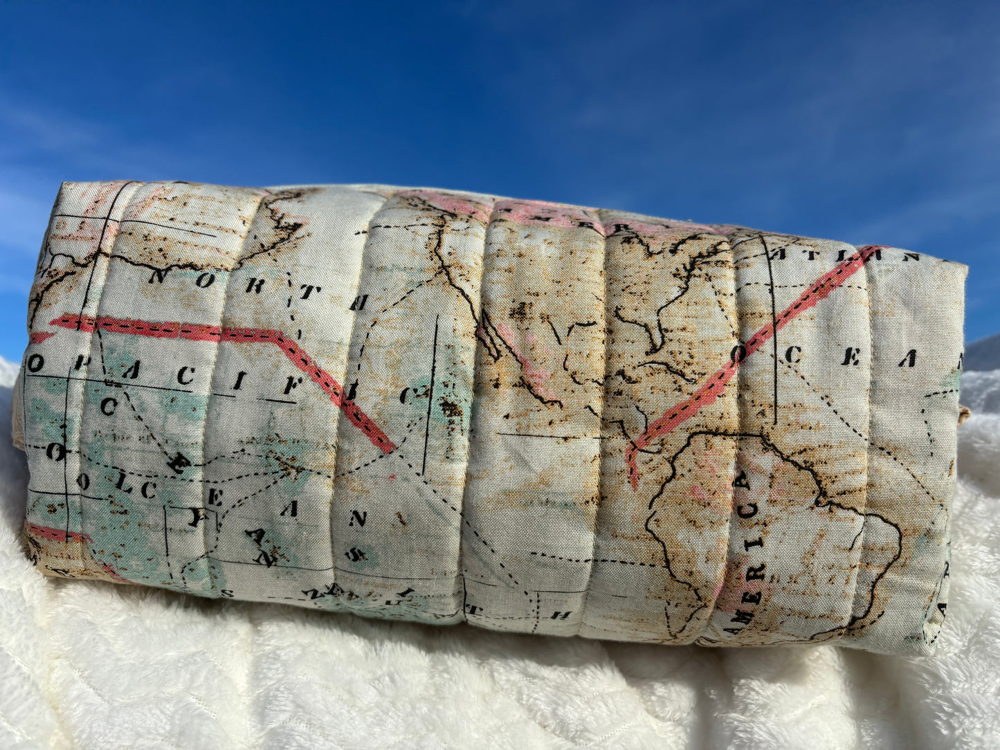 XL Quilted Boxy Zipper Pouch / Makeup Cosmetic Pouch / Travel Pouch / Toiletries Pouch / Pouch with Handle / Craft Supplies Pouch / Project Pouch / World Map Theme Pouch