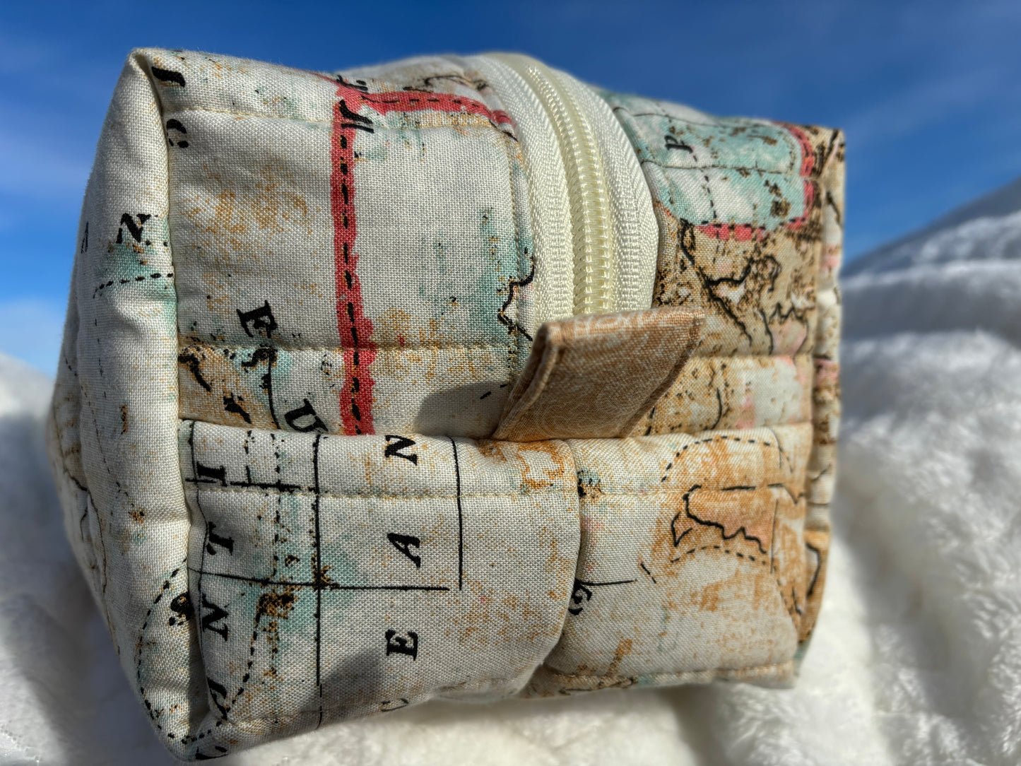 XL Quilted Boxy Zipper Pouch / Makeup Cosmetic Pouch / Travel Pouch / Toiletries Pouch / Pouch with Handle / Craft Supplies Pouch / Project Pouch / World Map Theme Pouch