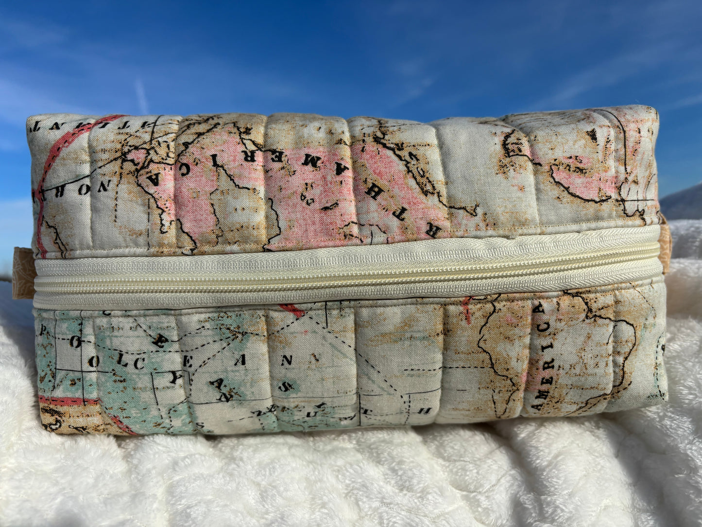 XL Quilted Boxy Zipper Pouch / Makeup Cosmetic Pouch / Travel Pouch / Toiletries Pouch / Pouch with Handle / Craft Supplies Pouch / Project Pouch / World Map Theme Pouch