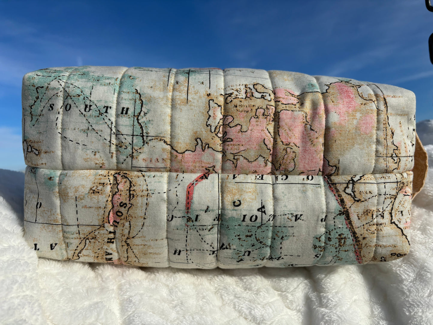 XL Quilted Boxy Zipper Pouch / Makeup Cosmetic Pouch / Travel Pouch / Toiletries Pouch / Pouch with Handle / Craft Supplies Pouch / Project Pouch / World Map Theme Pouch