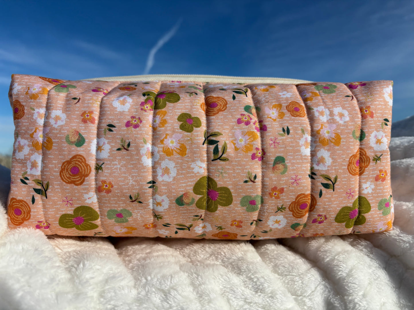 XL Quilted Boxy Zipper Pouch / Floral Pouch / Makeup Cosmetic Pouch / Travel Pouch / Toiletries Pouch / Pouch with Handle / Craft Supplies Pouch / Project Pouch