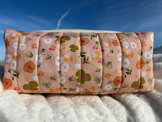 XL Quilted Boxy Zipper Pouch / Floral Pouch / Makeup Cosmetic Pouch / Travel Pouch / Toiletries Pouch / Pouch with Handle / Craft Supplies Pouch / Project Pouch