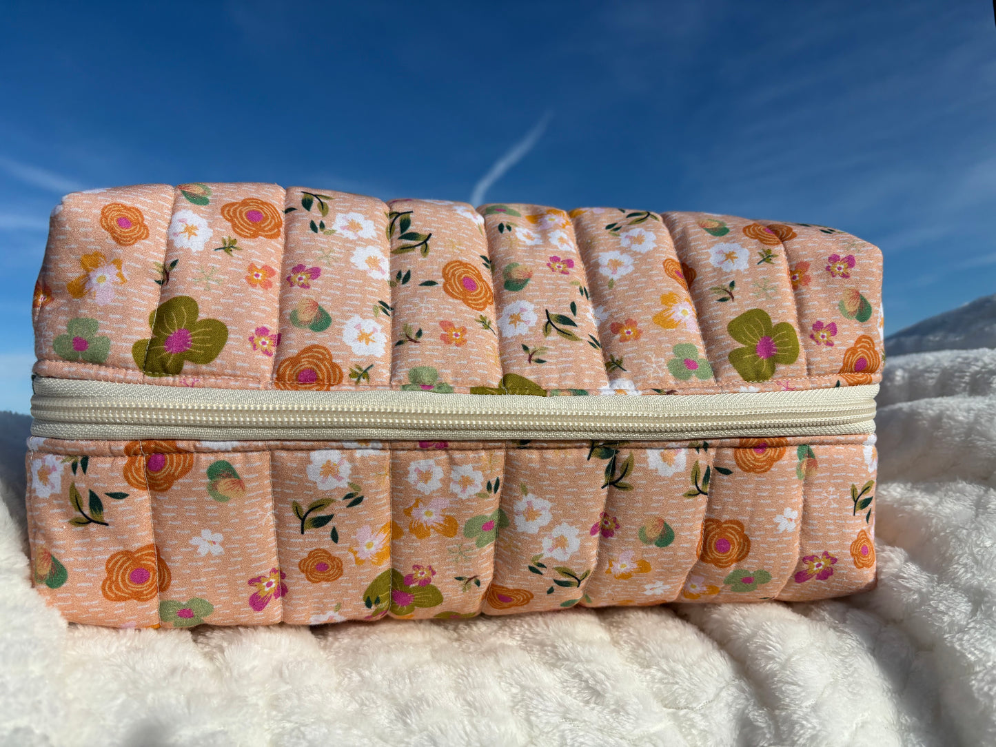 XL Quilted Boxy Zipper Pouch / Floral Pouch / Makeup Cosmetic Pouch / Travel Pouch / Toiletries Pouch / Pouch with Handle / Craft Supplies Pouch / Project Pouch