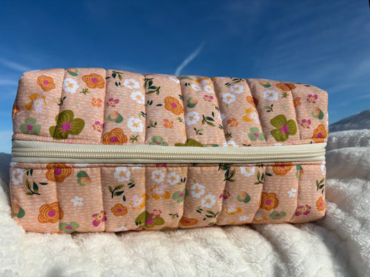 XL Quilted Boxy Zipper Pouch / Floral Pouch / Makeup Cosmetic Pouch / Travel Pouch / Toiletries Pouch / Pouch with Handle / Craft Supplies Pouch / Project Pouch