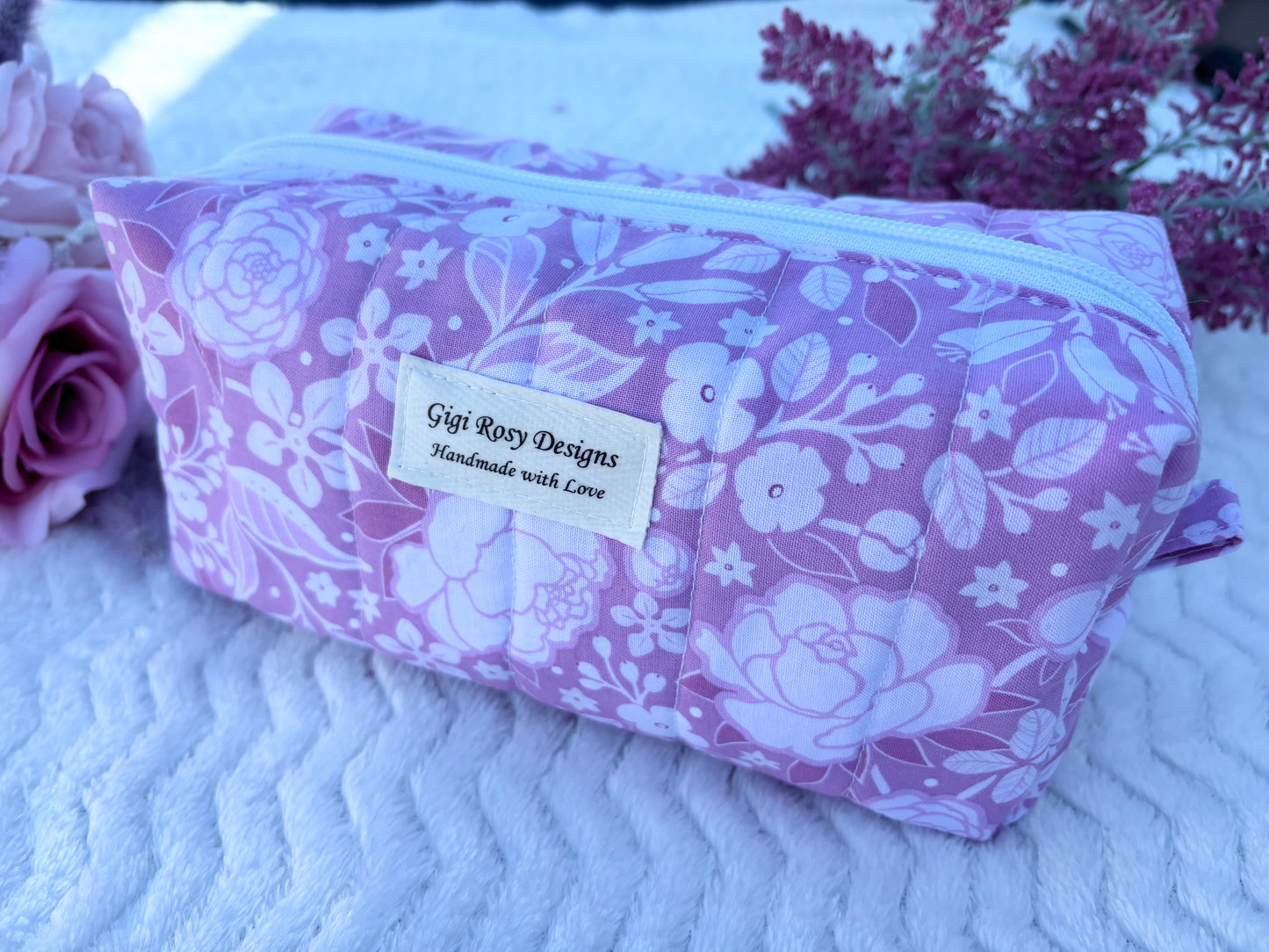 Quilted Boxy Zipper Pouch / Floral Pouch / Travel Pouch / Makeup Pouch / Cosmetic Pouch / Toiletries Pouch