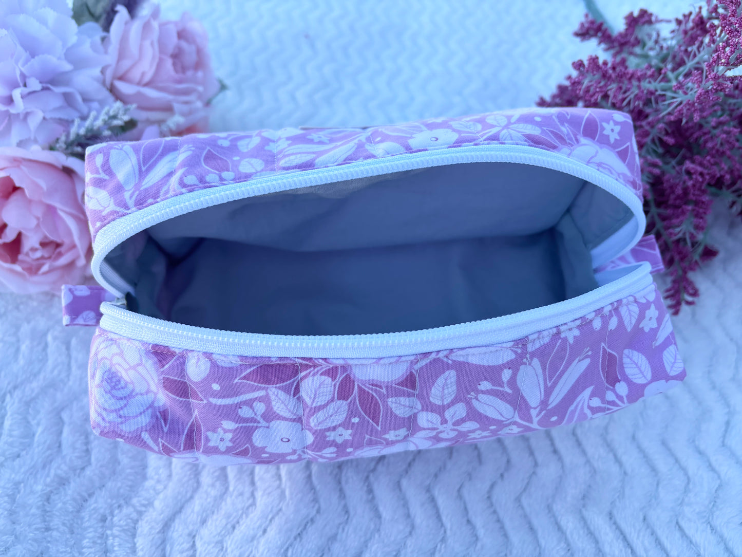 Quilted Boxy Zipper Pouch / Floral Pouch / Travel Pouch / Makeup Pouch / Cosmetic Pouch / Toiletries Pouch